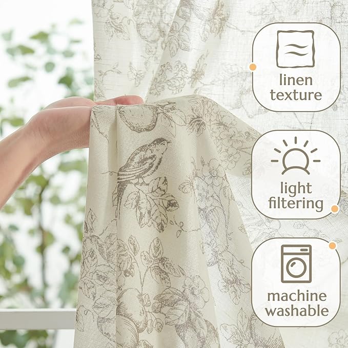 jinchan Linen Floral Curtains for Living Room 84 Inch Length Taupe Printed - Image 3