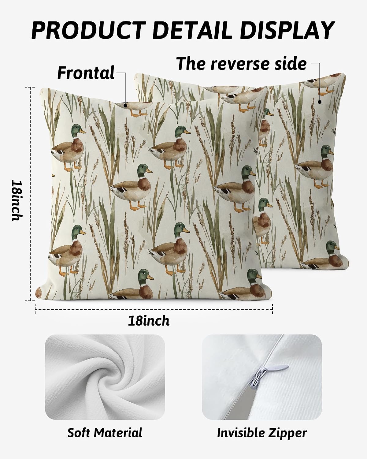 Rustic Farmhouse Mallard Duck Pillow Covers 18x18, Mallard Duck Nursery Decor, Ducks Hunting Gifts Decorative Throw Pillow Covers for Kids Room Home Living Room Bedroom