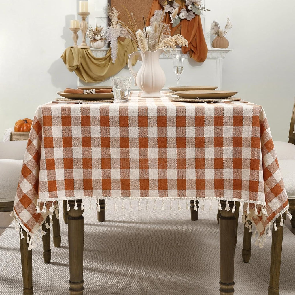 Romanstile Fall Gingham Tassel Tablecloth Rectangle - 55 x 102 Inch, Orange