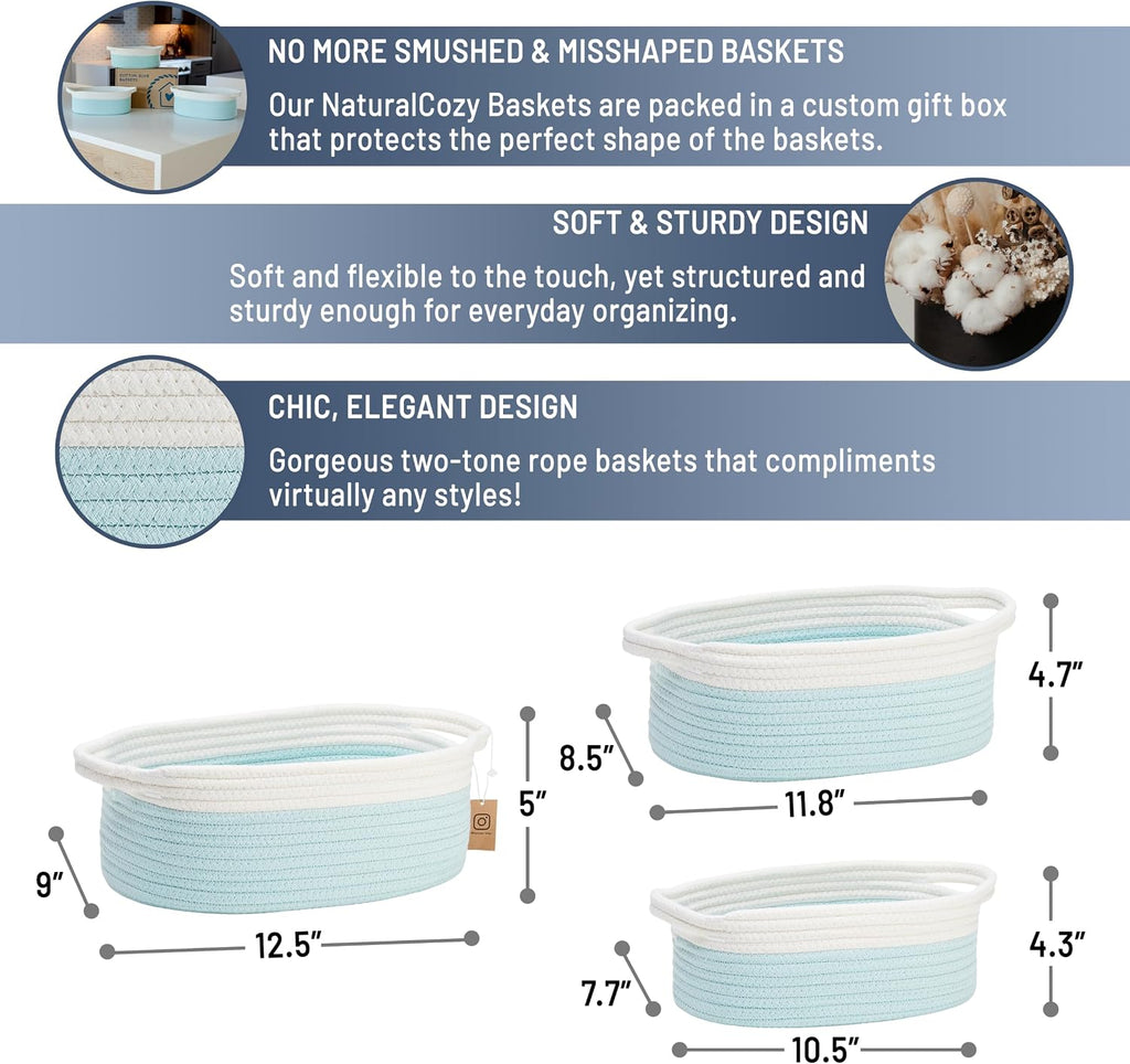 3-Piece Oval Storage Basket Set–Cotton Rope Woven Baskets for Storage, Gift Basket Empty, Toy Basket, Soft Baby Basket for Nursery, Cat Dog Toy Baskets, Small Basket (Off White Turquoise)