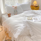MOOWOO Chic Ruffle Lace Polyester Duvet Cover Set -Girl White Bedding-3 Piece Full Duvet Cover with Zipper Closure -Ultra Soft and Light Weight (White, Full)-No Comforter