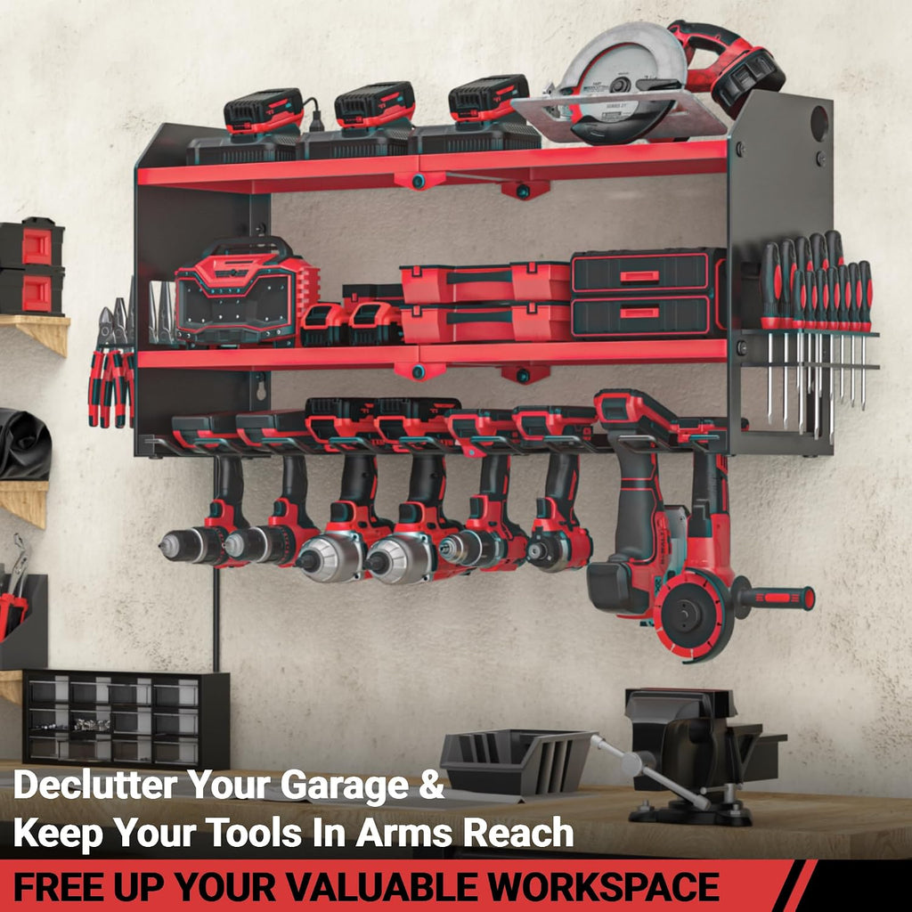 Power Tool Organizer with Charging Station Wall Mount, Cordless Drill and Battery Holder for Garage Organization, Electric Tools Storage Rack Build in Surge Protection Power Strip - Red Shelf