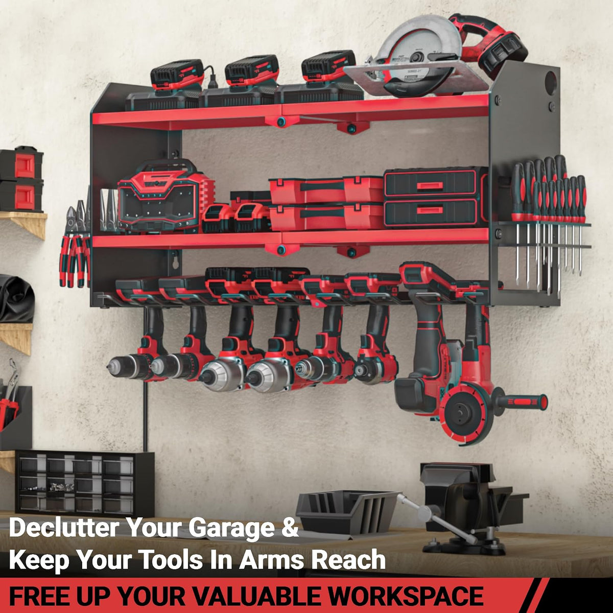 Power Tool Organizer with Charging Station Wall Mount, Cordless Drill and Battery Holder for Garage Organization, Electric Tools Storage Rack Build in Surge Protection Power Strip - Red Shelf