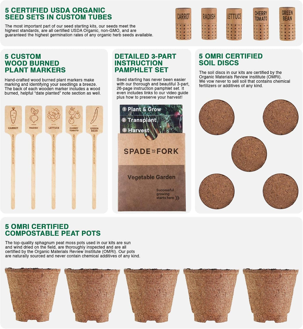 Organic Indoor Vegetable Garden Starter Kit - Made in USA - Certified USDA Organic - 5 Seed Types Cherry Tomato, Lettuce, Carrot, Radish, Green Bean | Indoor Plant Seeds, Indoor Garden Kit, Plant Kit