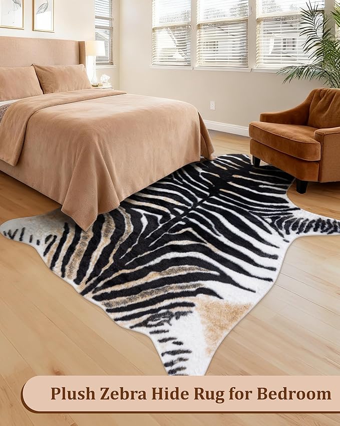 Zebra Print Rug for Living Room, Faux Fur Zebra Hide 5.2x7 Feet Animal Skin Rug - Image 7