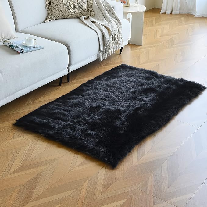 duduta Black Faux Sheepskin Fur Rug 3x5 ft, Fluffy Shag Bedroom Dorm Nursery - Image 5