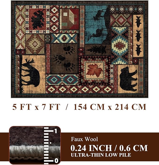 YIHOUSE Rustic Cabin Area Rug 5x7, Machine Washable Lodge Bear Rug, Non-Slip - Image 2