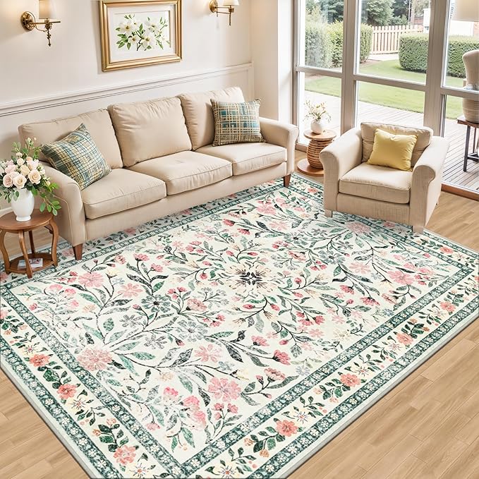 Area Rug Living Room Rugs: Floral 5x7 Washable Rug Vintage Soft Boho Non-Slip - Image 2
