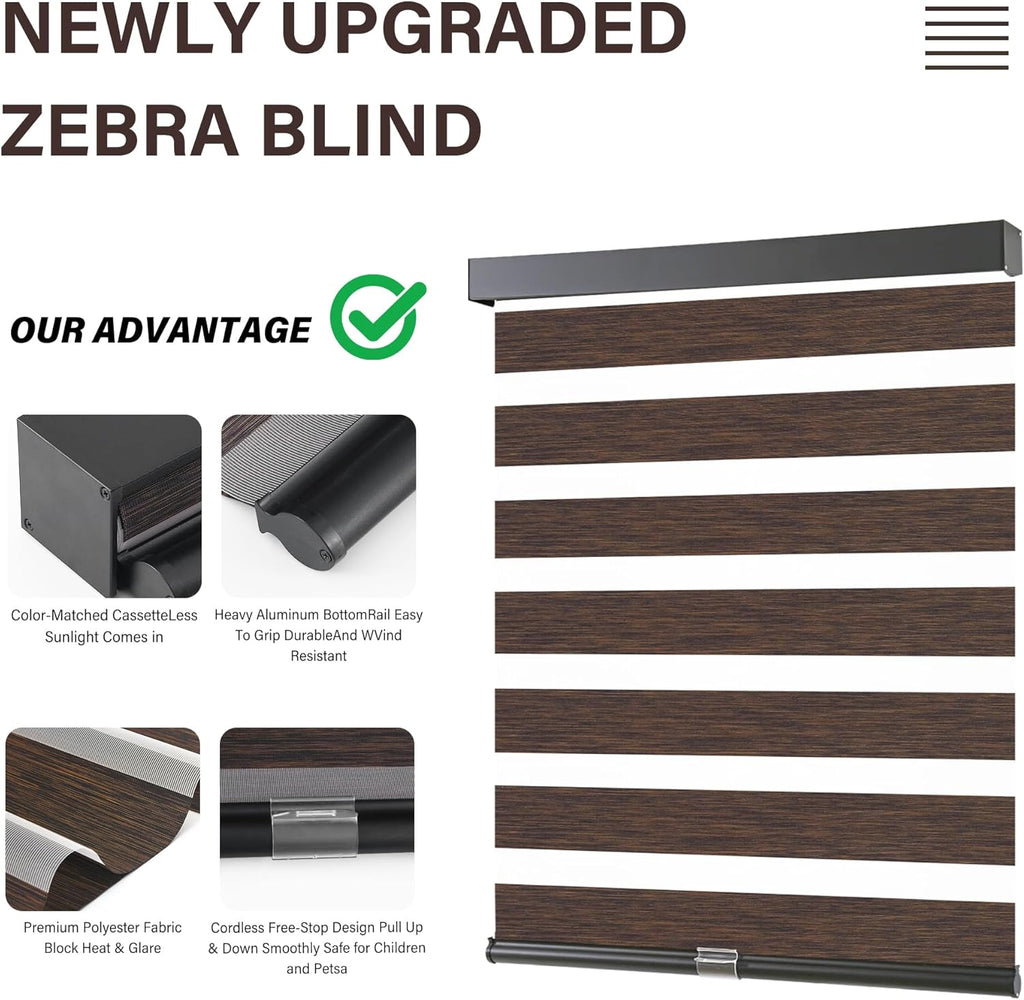 AOSKY Cordless Zebra Blinds for Indoor Windows, 34" W x 72" H, Brown
