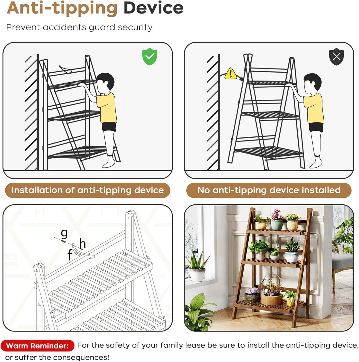 Ladder Shelf, Foldable Plant Shelf Stand, 3-Tier Bamboo Bookshelf, 39.4In