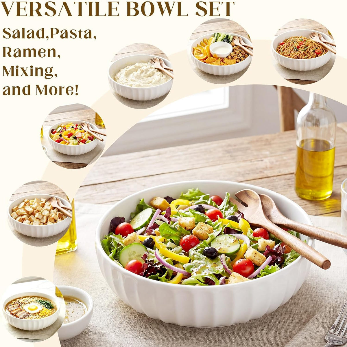 12'' 152oz Extra Large Ceramic Mixing Bowl Salad Bowl, 2 Pcs, Ribbed Style