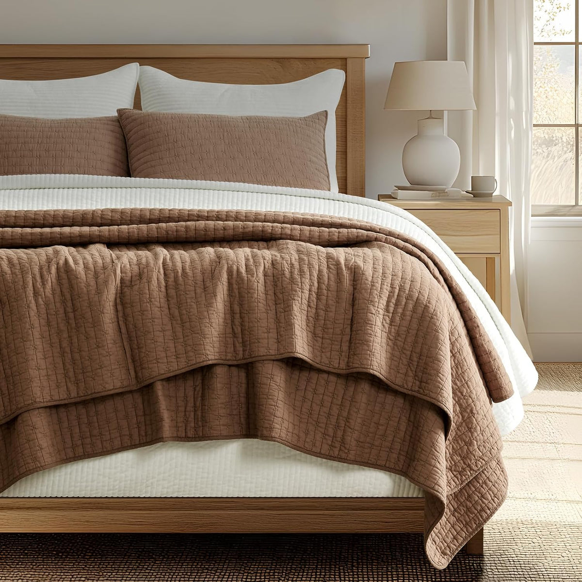 EVERGRACE 100% Cotton Cross Stitch 3-Piece Quilt Set, King, Camel Brown