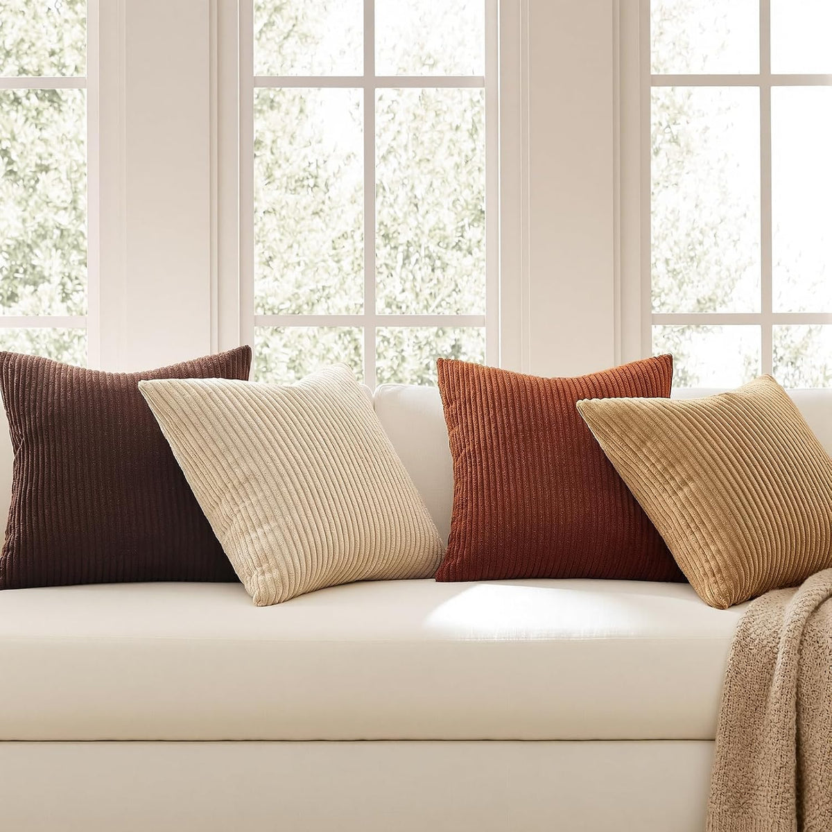 Topfinel Boho Throw Pillow Covers 18x18 Inch Set of 4 Soft Farmhouse Corduroy Striped Decorative Cushion Cover Beige Brown Gradient Rustic Pillow Case for Sofa Couch Living Room Bedroom