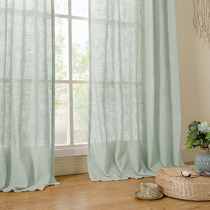 LAMIT Short Linen Window Curtains 40 Inch Length 2 Panels, Light Sage Semi - Image 9