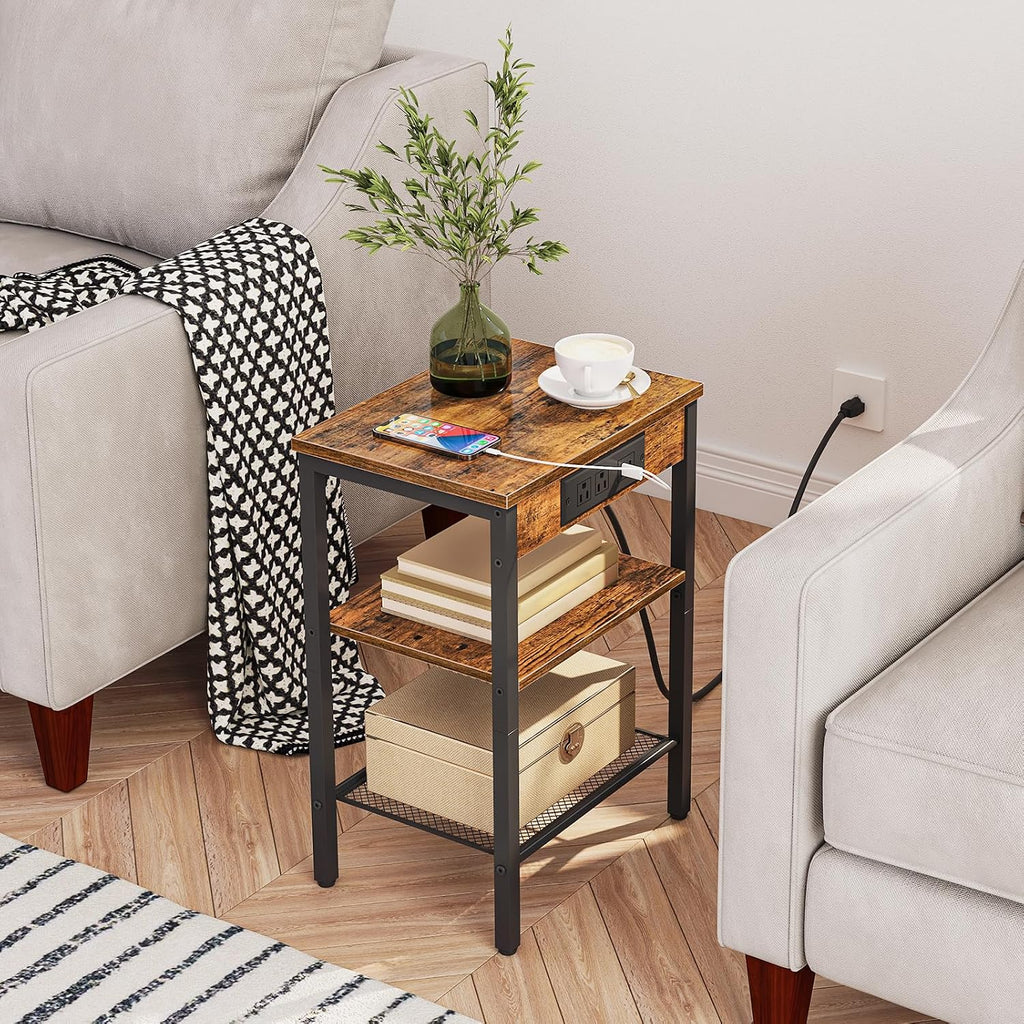 HOOBRO End Table with Charging Station and USB Port, Small Side Table for Small Space, 3-Tier Nightstand with Adjustable Shelf, for Living Room, Bedroom, Rustic Brown BF112BZ01