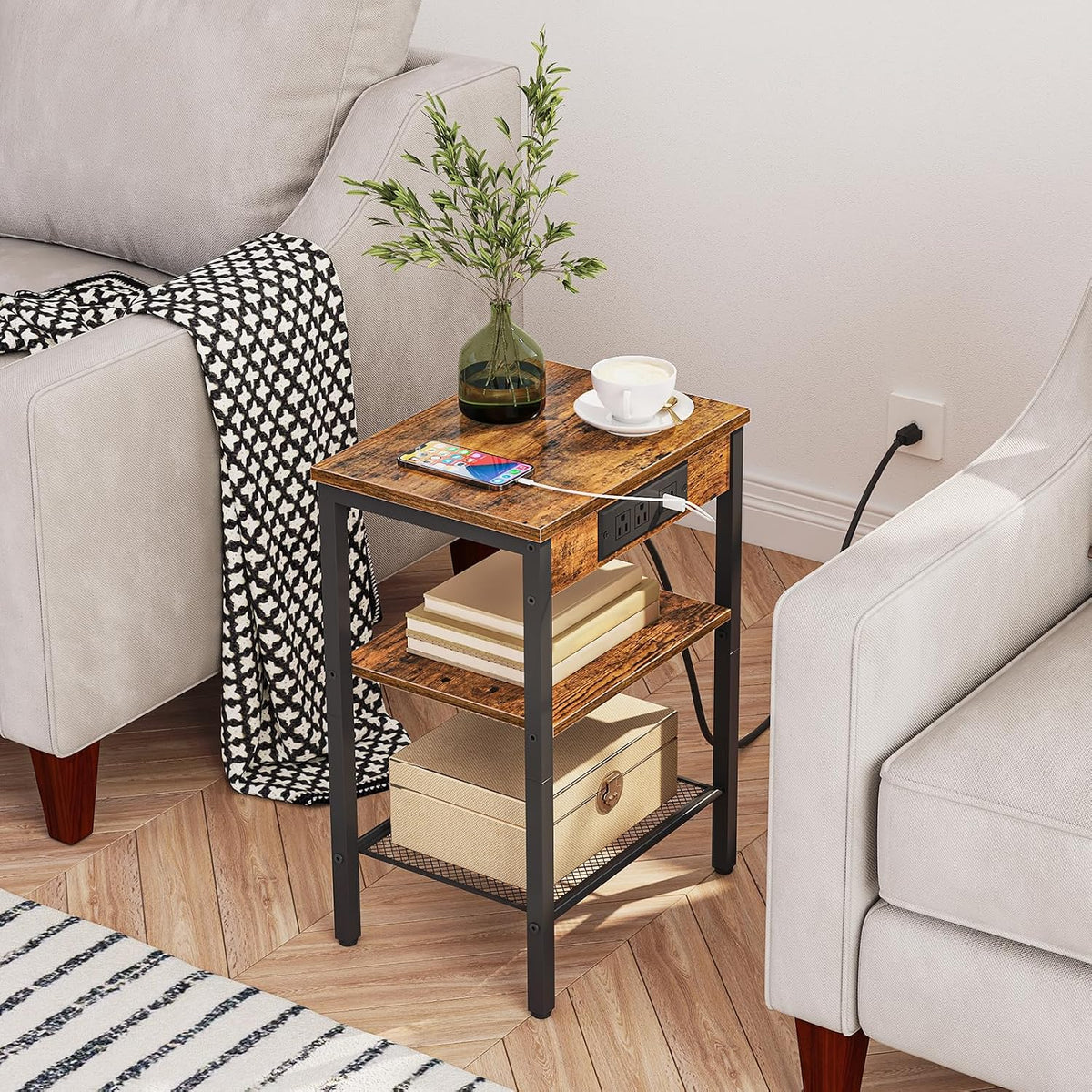 HOOBRO End Table with Charging Station and USB Port, Small Side Table for Small Space, 3-Tier Nightstand with Adjustable Shelf, for Living Room, Bedroom, Rustic Brown BF112BZ01