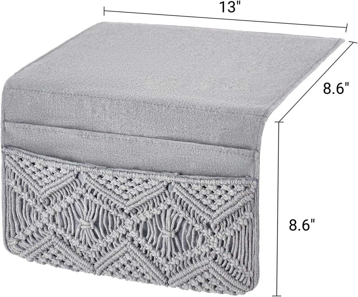 Mkono Macrame Bedside Caddy, Boho Bed Storage Organizer, 4 Pockets Grey