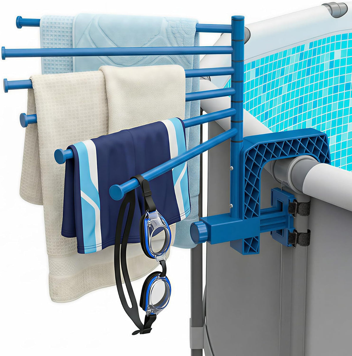 Aquajoyer Poolside Pool Towel Rack Outdoor for Above Ground Round Pools, Stainless Steel Swivel Pool Towel Holder 6 Bars Towel Dying Rack Towel Stand for Above Ground Pool Accessories [Patent Pending]