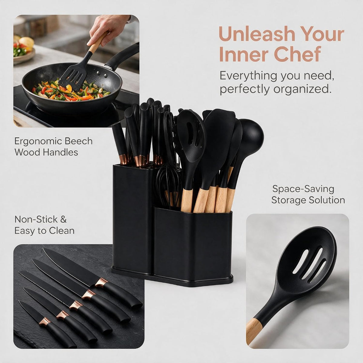 19-Piece Silicone Skitchen Utensils Set, Heat-Resistant Nonstick