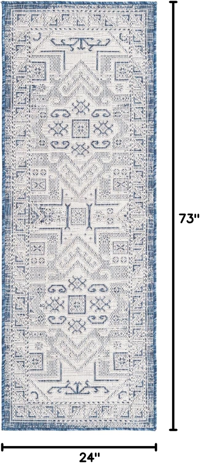 Unique Loom Outdoor Aztec Collection Area Rug - Coba (2' x 6' 1" Runner, Blue/ Ivory)