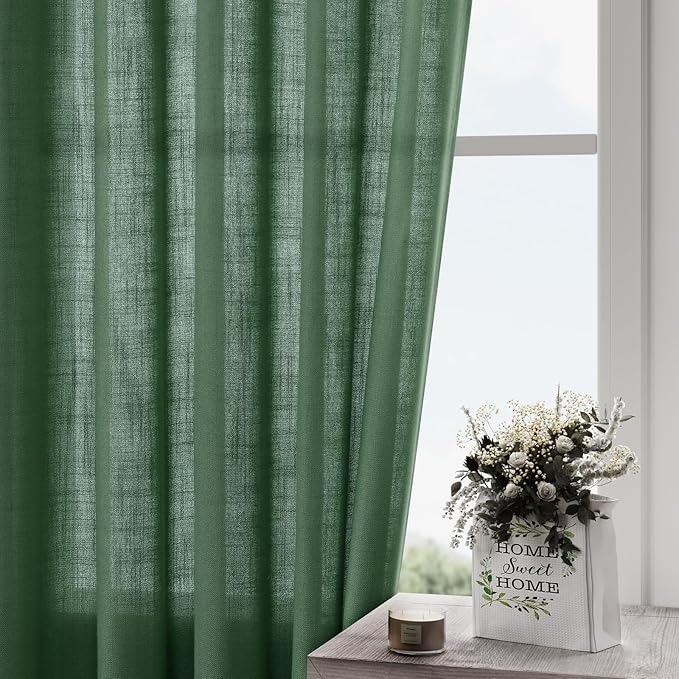 Nanspring Green Boho Curtains for Bedroom Back Tab Rod Pocket Semi Sheer Linen - Image 2