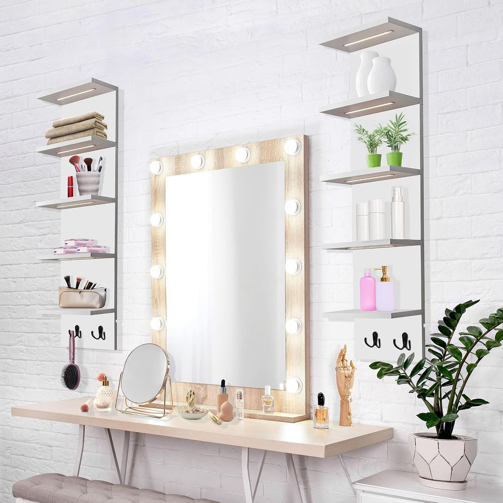 Sorbus LED Light Display Shelf - Vertical 5 Tier Wall Shelf Unit with 2 Hooks, Column Utility Shelving for Home Decor, Wall-Mounted Floating Shelves for Bathroom, Bedroom, Vanity, Figurine Display
