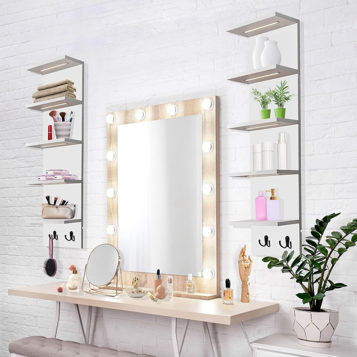 Sorbus LED Light Display Shelf - Vertical 5 Tier Wall Shelf Unit with 2 Hooks, Column Utility Shelving for Home Decor, Wall-Mounted Floating Shelves for Bathroom, Bedroom, Vanity, Figurine Display