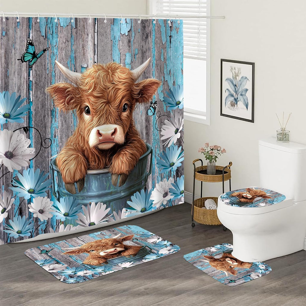 4PCS Rustic Barn Windmill Shower Curtain Set, Western Farm Barn Farmhouse Bathroom Accessories with Non-Slip Rugs, Toilet Lid Cover Bath Mat and 12 Hooks, Home Decor 72" x 72"