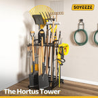 Garden Tool Organizer with Lockable Wheels, Heavy Duty 3-Tier Yard Tower Tool Rack for Garage, Holds Up to 35 Long-Handled Tools, Garden Tool Cart with 12 Hooks for Tool Organization Storage