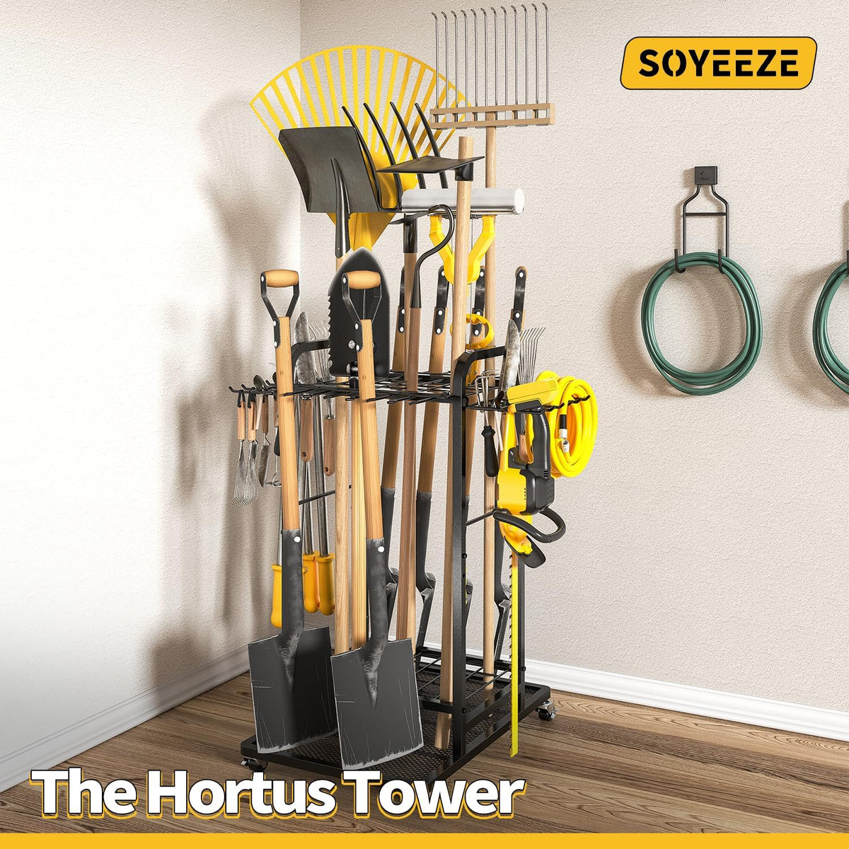 Garden Tool Organizer with Lockable Wheels, Heavy Duty 3-Tier Yard Tower Tool Rack for Garage, Holds Up to 35 Long-Handled Tools, Garden Tool Cart with 12 Hooks for Tool Organization Storage