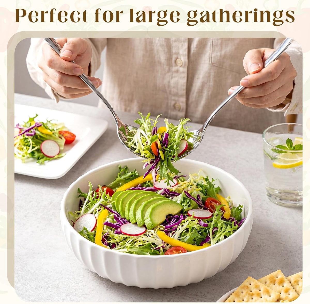 12'' 152oz Extra Large Ceramic Mixing Bowl Salad Bowl, 2 Pcs, Ribbed Style