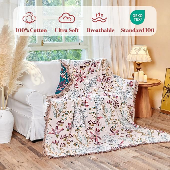 MSGKV Boho Throw Blanket for Couch 50"x60" Floral 100% Cotton Blanket Spring - Image 2