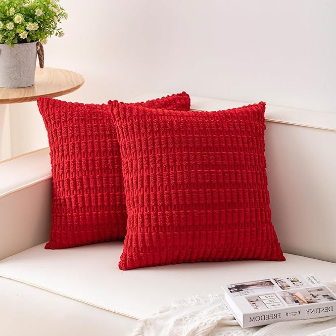 Pack of 2 Christmas Red Corduroy Decorative Throw Pillow Covers 22x22 Inch Soft by Unknown