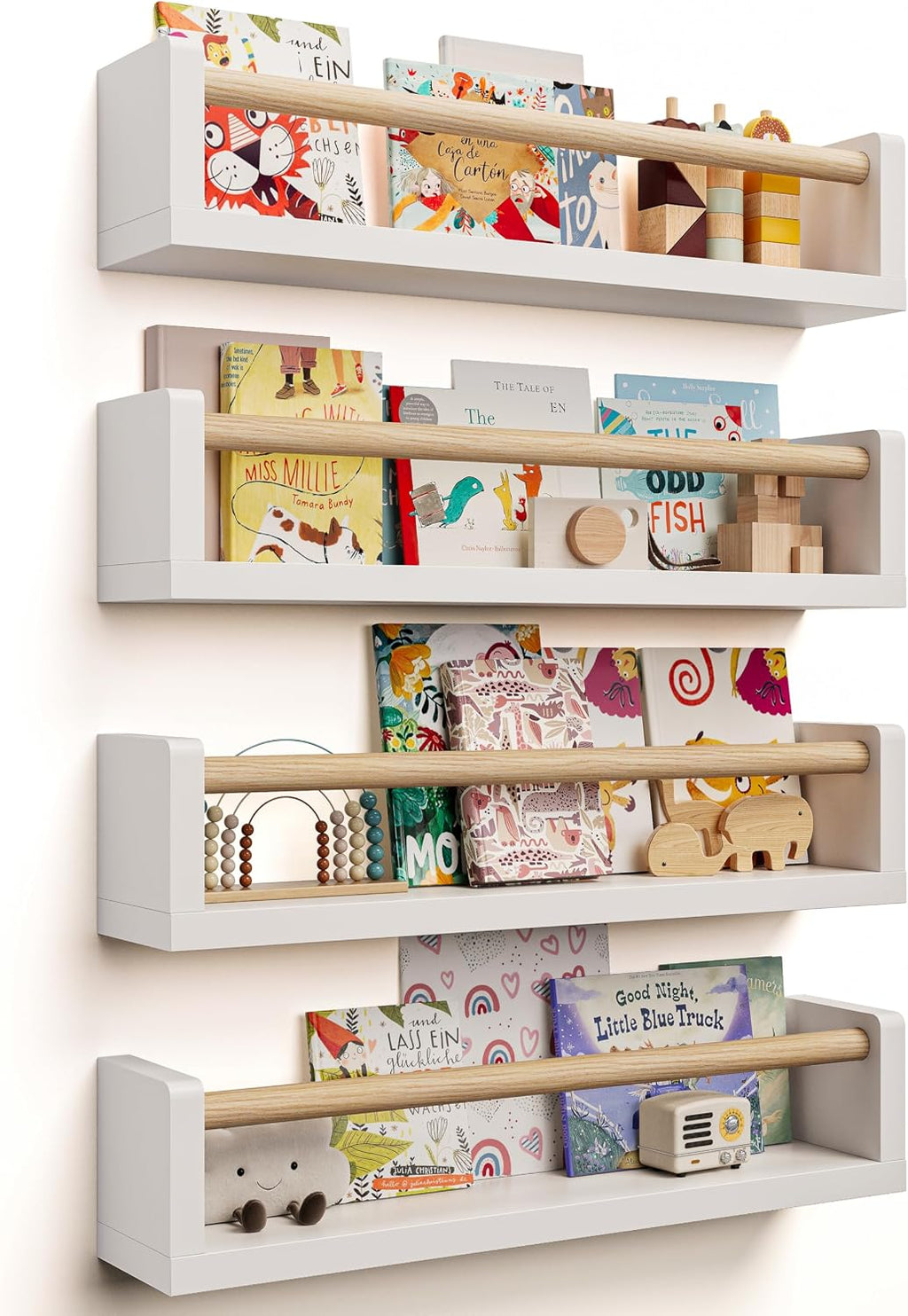 Seocry Nursery Book Shelves, 4 Pack, Wall Book Shelves for Kids Room, Baby, Toddler, Nursery Decor (White Wood, 16.5 Inches)