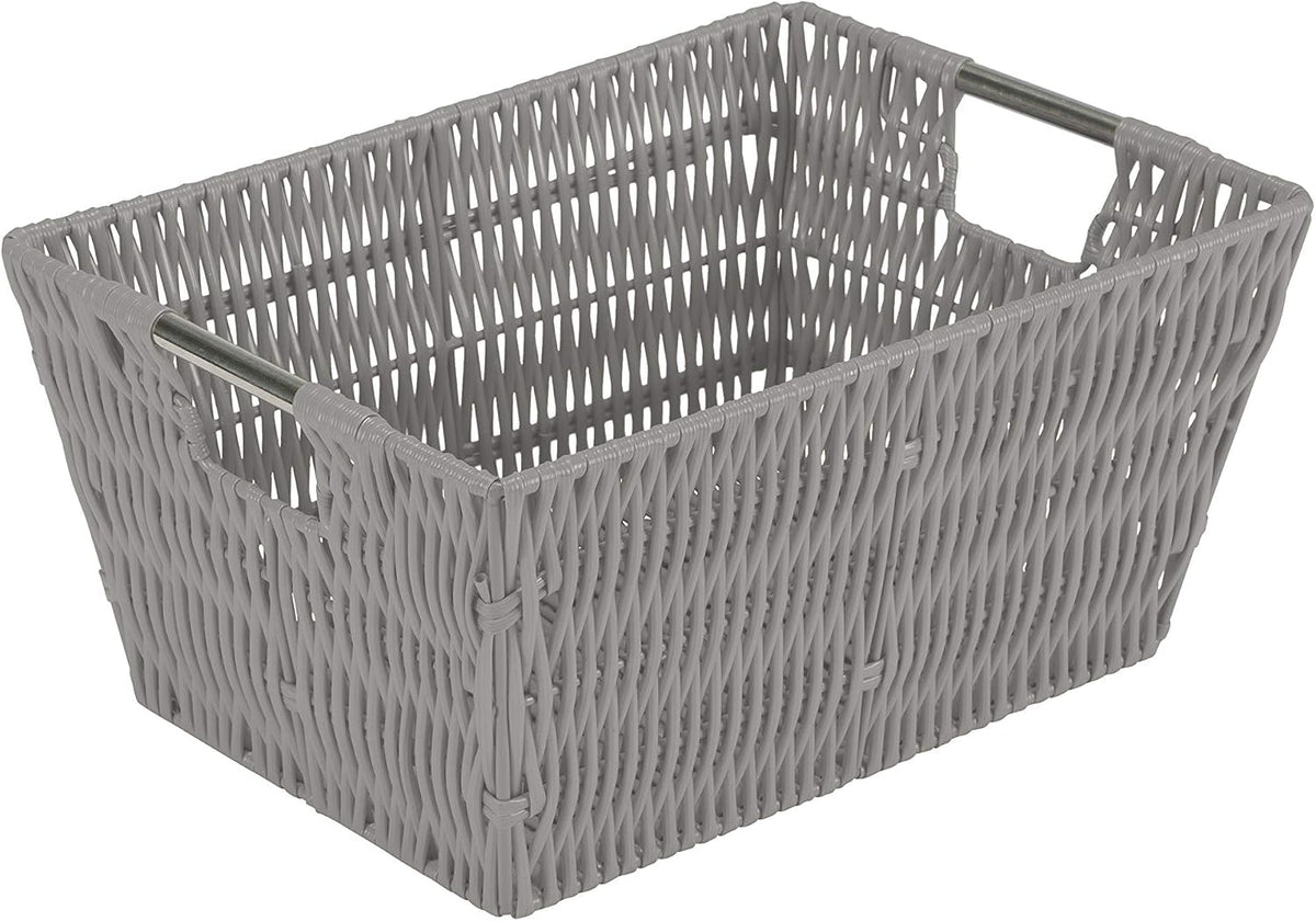Simplify 3 Piece Set Woven Rattan Tote Baskets | Multi-Size | Handles | Storage & Organization | Toys | Bathroom Accessories | Home | Office | Dorm | Playroom | Closet | Grey