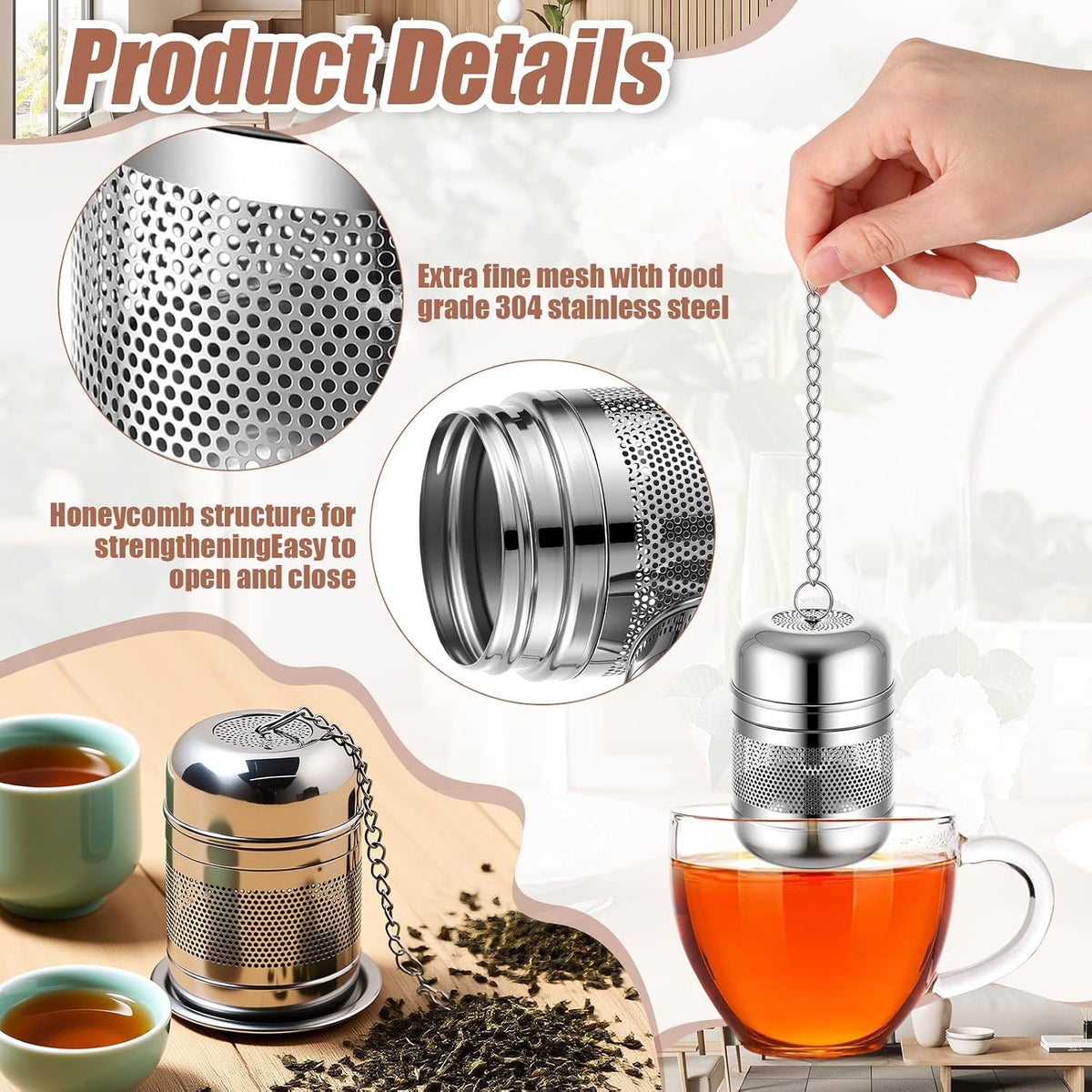 Umigy 4 Pcs Tea Infuser for Loose Tea, Stylish, 2.4 x 1.5 Inch, Silver