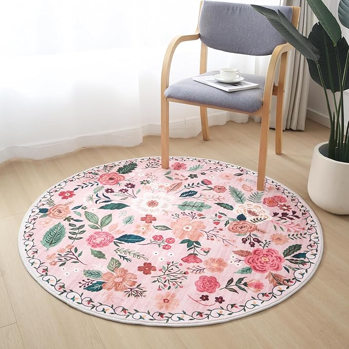 Rugcomf Round Rug 4ft Washable Circle Rug Non Slip Low Pile Boho Floral Small - Image 6