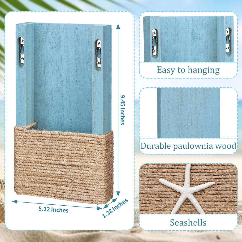 2 Pcs Beach Rustic Wood Wall Planter Vase, Coastal Decor, Seashell, Blue