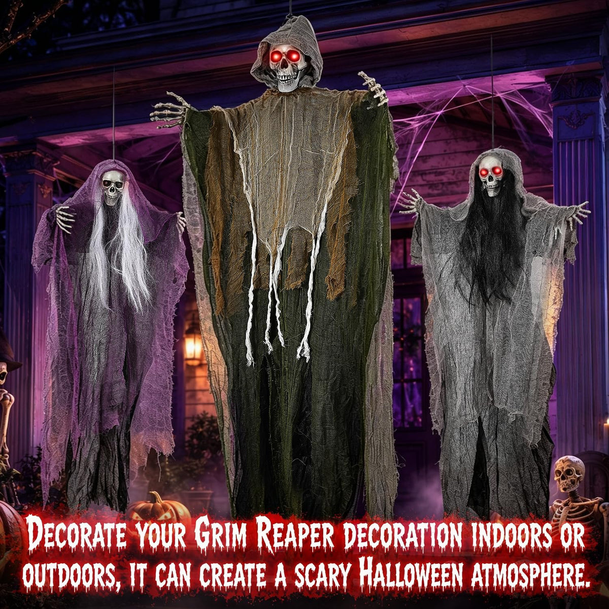 3PCS Scary Hanging Ghosts with Glowing Eyes, Light-Up Halloween Ghost Decorations, Outdoor/Indoor Decor for Graveyard, Haunted House, Yard, Patio, Lawn, Garden & Spooky Party Props