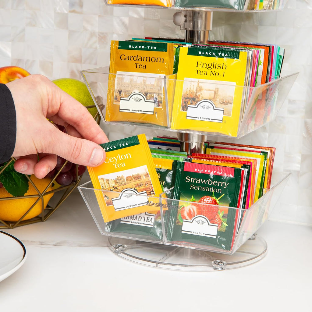 Mind Reader Tea Bag Carousel, 3 Tier Clear Acrylic Organizer with 12 Compartments, 360° Rotating Tea Station for Countertop Storage