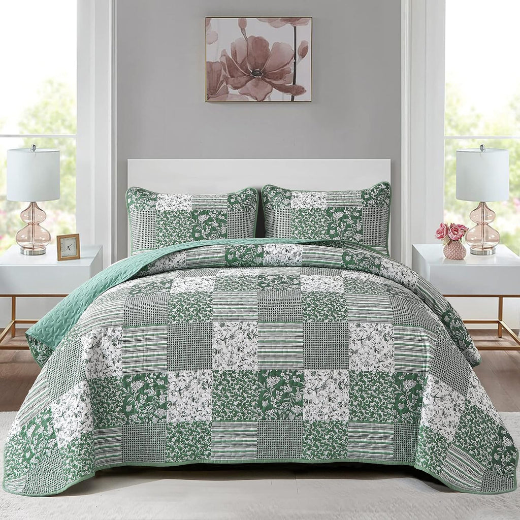 Mybedsoul Boho Quilt King Size, Patchwork Floral Bedding Set, Green