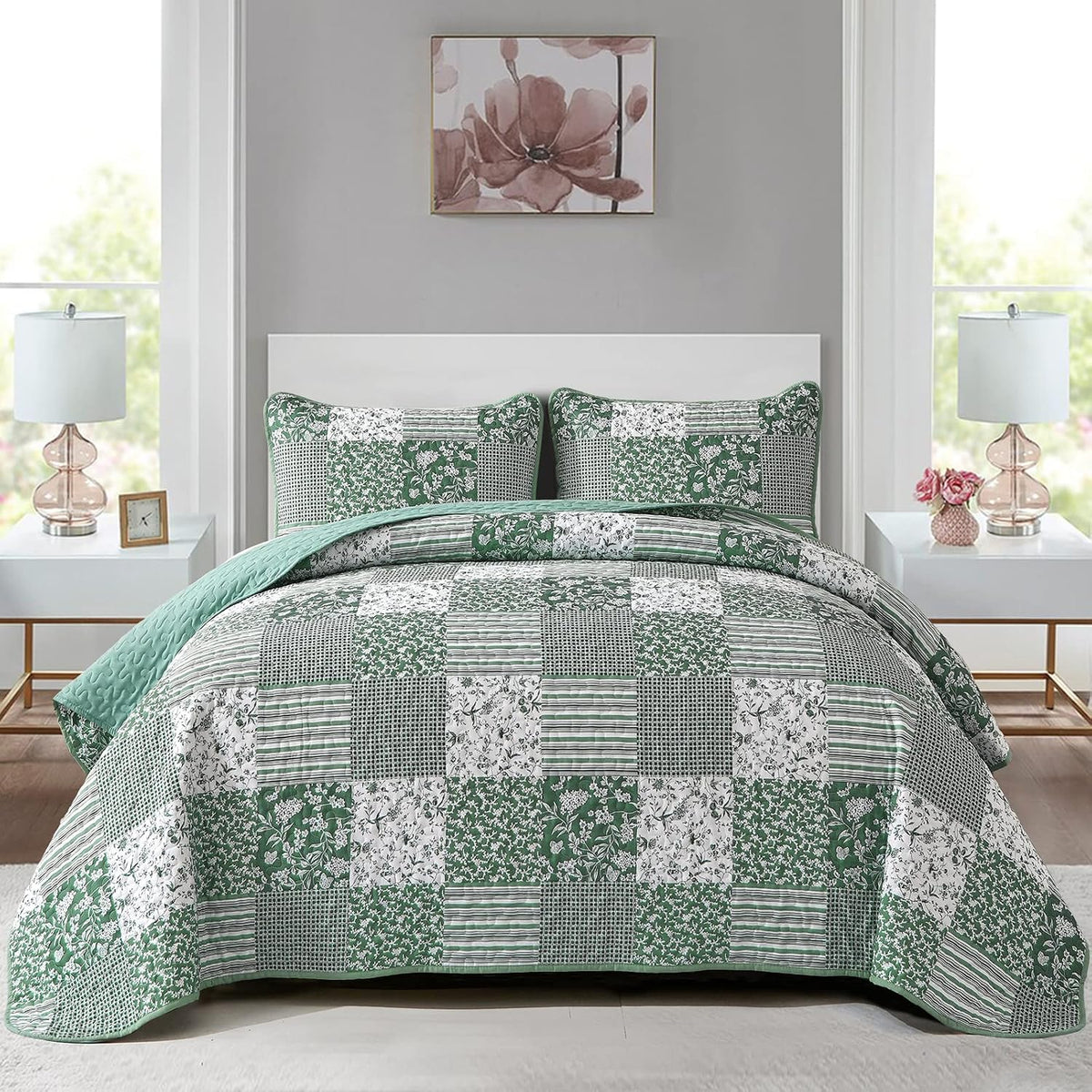 Mybedsoul Boho Quilt King Size, Patchwork Floral Bedding Set, Green