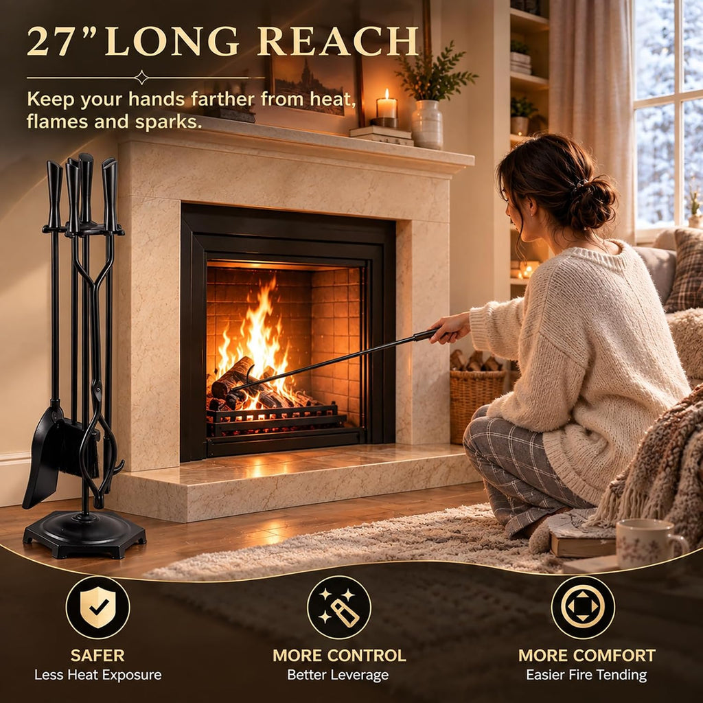 FEED GARDEN 5-Piece Fireplace Tools Set, 10mm Solid Wrought Iron, 10 lb