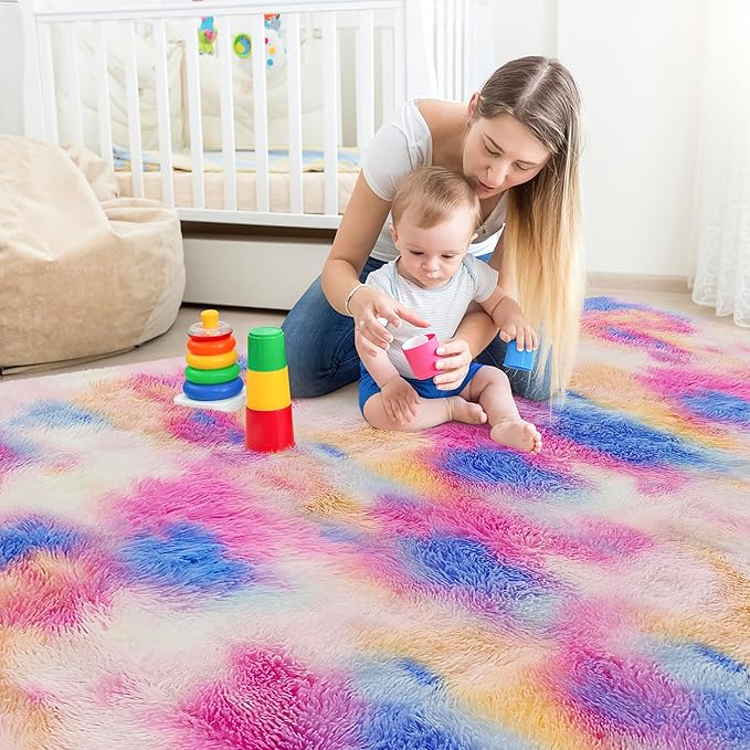 Fluffy Rainbow Colorful Rug for Living Room 5x8 Kawaii Rainbow Tie Dye Area Rug - Image 3