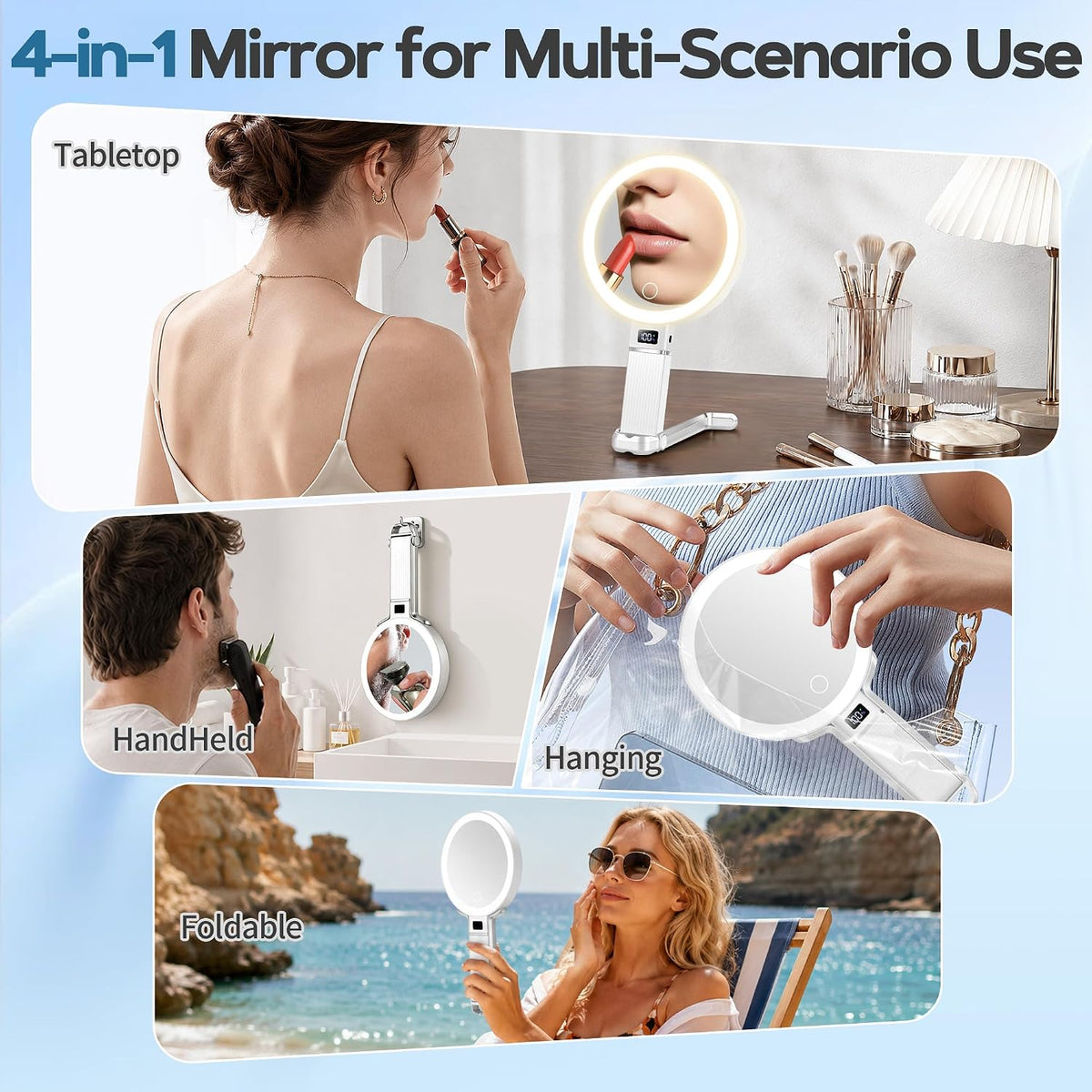 30X Travel Magnifying Mirror with Light, Height Adjustable Vanity Mirror with Phone Holder Stand, Portable Compact Handheld Makeup Mirror with Smart Display for Travel, Daily Makeup Use, White