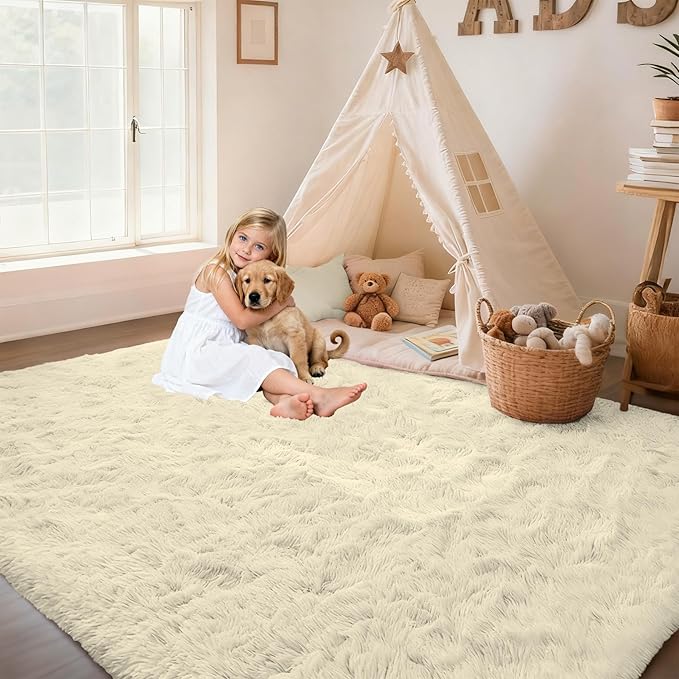 Circle Rug for Bedroom: 4FT Cream White Round Fluffy Shag Soft Washable Rugs - Image 3