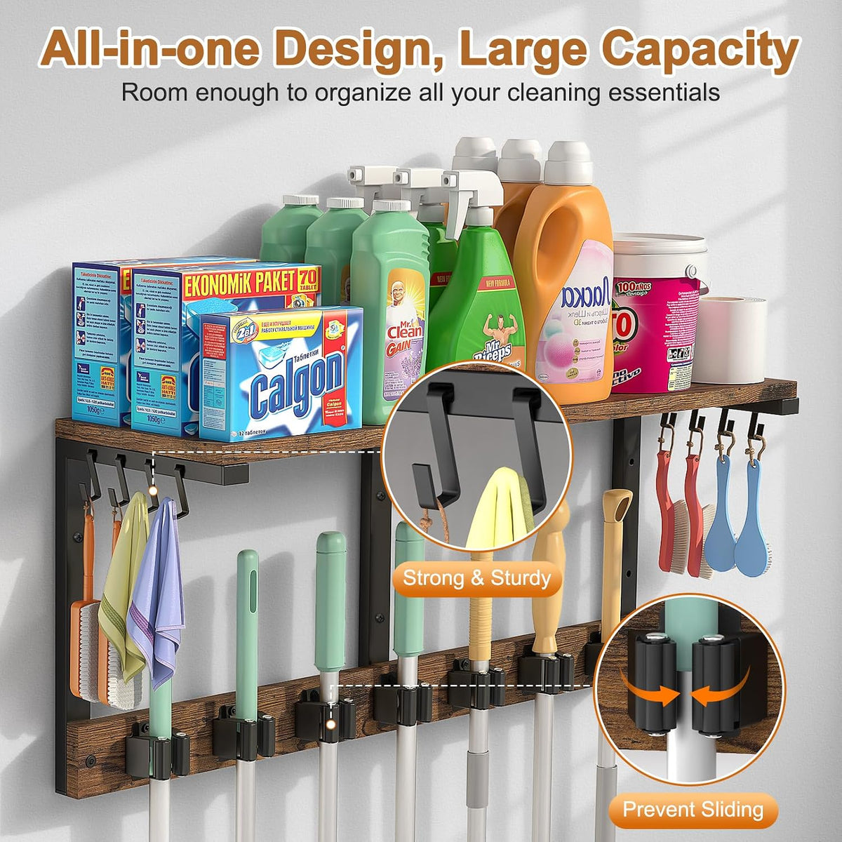 Housolution Wall Mount Broom Holder Hanger Laundry Room Storage Shelves