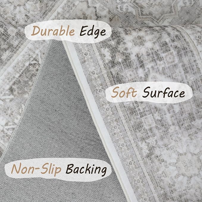 8x10 Rug - Cream & Grey Area Rug - Foldable Non Slip Vintage Rugs - Image 5