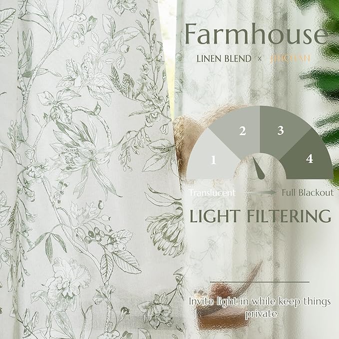 jinchan Floral Curtains 84 Inches Long Sage Green Flower Linen Farmhouse Curtain - Image 3