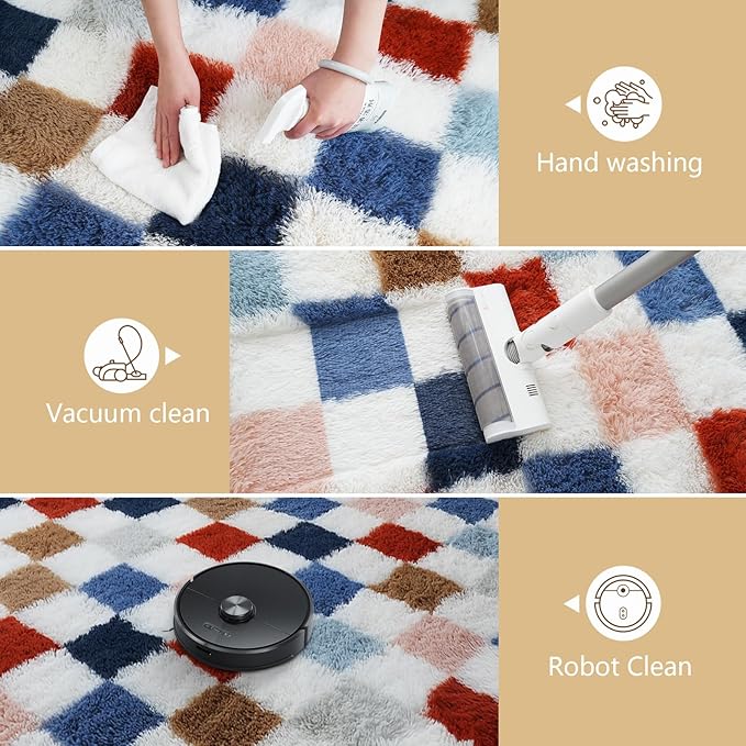 Shag Area Rug for Bedroom Living Room, 6x9 Fluffy Soft Colorful Checkered Rug - Image 7